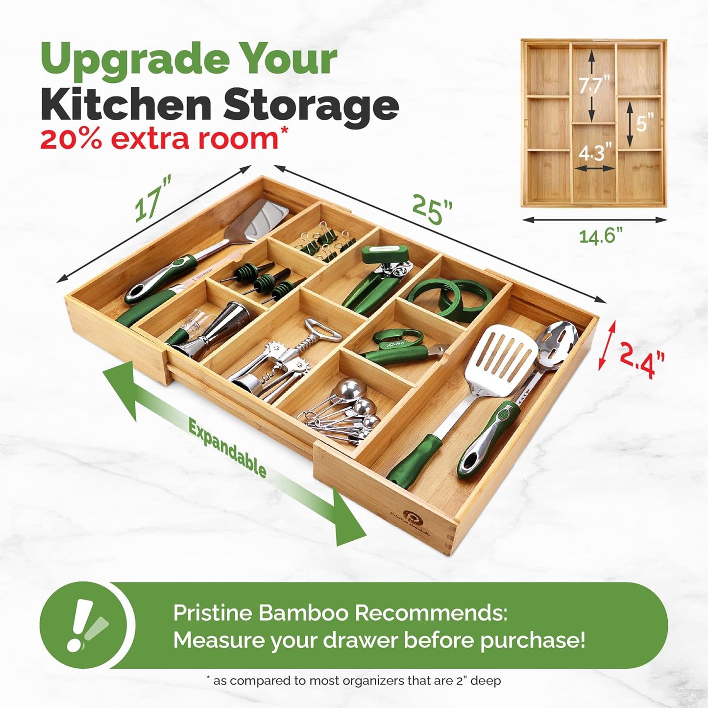 Pristine Bamboo Silverware Organizer - Small Extra-Deep Wooden Kitchen Drawer Organizer Divider for Spoons, Forks, Knives & Cutleries - 5 Slots