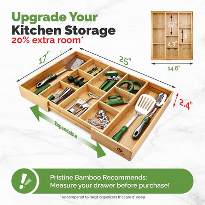 Pristine Bamboo Silverware Organizer - Small Extra-Deep Wooden Kitchen Drawer Organizer Divider for Spoons, Forks, Knives & Cutleries - 5 Slots