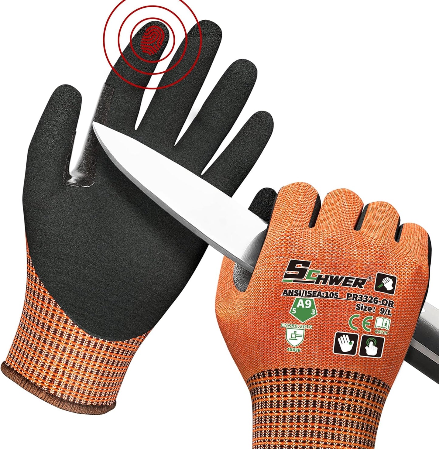 Schwer ProGuard High Level Cut Resistant Work Gloves PR3326 for Extreme Protection，ANSI A9 Cut Gloves with Reinforced Thumb, Non Slip, Breathable, Durable, Touch-screen, Black 1 Pair（XL）