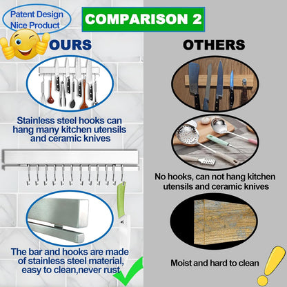 YIIYIIN Strong Magnetic Knife Holder for Wall, 17 Inch No-Drill Knife Strip with 12 Hooks & Adhesive, Holds Kitchen Utensils & Tools