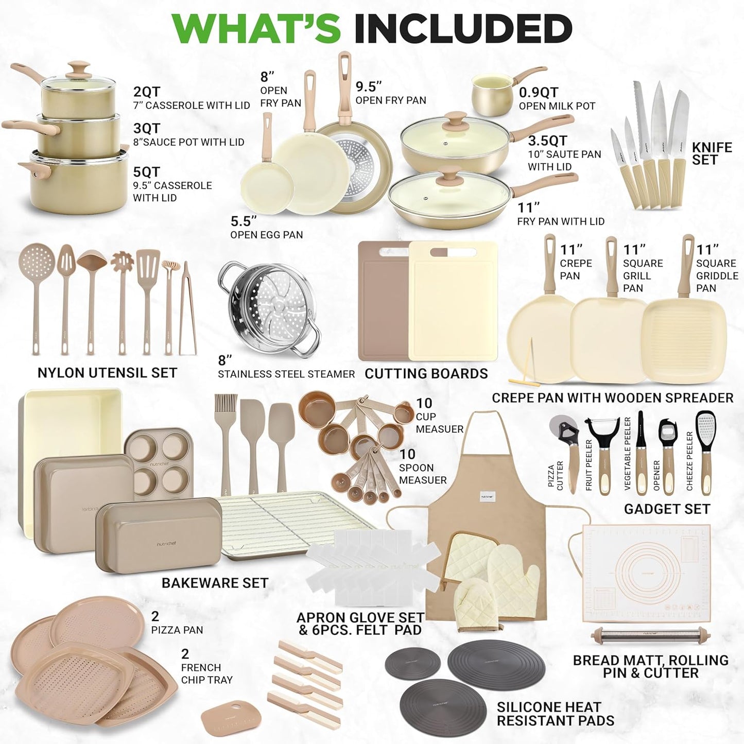 NutriChef 54-Piece Kitchen Cookware Set – Complete Non-Stick Ceramic Pots and Pans Set with Utensils, Bakeware, and Knife Set, Gas, Electric & Induction Compatible, Blush Pink Kitchen Essentials