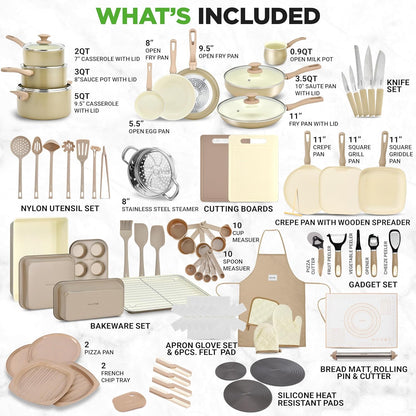 NutriChef 54-Piece Kitchen Cookware Set – Complete Non-Stick Ceramic Pots and Pans Set with Utensils, Bakeware, and Knife Set, Gas, Electric & Induction Compatible, Blush Pink Kitchen Essentials