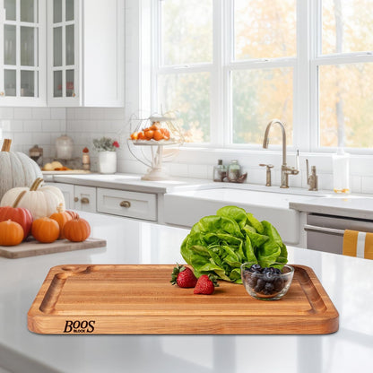 John Boos Prestige Series Rectangular Wooden Maple Cutting Board 18”x12” – 1.25” Thick, 8-lb Reversible Butcher Block with Juice Groove, Edge-Grain & Finger Grip Hole – Made in the USA