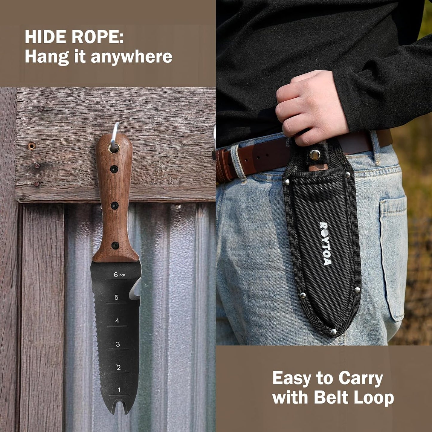 ROYTOA Hori Hori Garden Knife, Garden Tools with Sheath for Weeding,Planting,Digging, 7" Stainless Steel Blade with Cutting Edge, Full-Tang Wood Handle with Hanging Hole