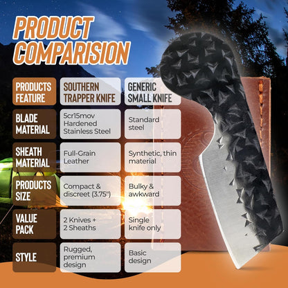 Southern Trapper Mini Pocket Knife with Leather Sheaths - Pack of 2 - Fathers Day Gift - Compact EDC Knife Set for Camping, Hiking, Hunting, and Everyday Carry Gifts - Pocket Knives for Men and Women