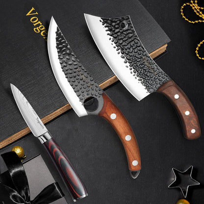 3PCS Butcher Chef Knife Set for Kitchen - Meat Cleaver & Paring Knife, Hand Forged High Carbon Steel Knives with Sheath for Home Cooking, Outdoor Camping, BBQ, Gift Idea for Men