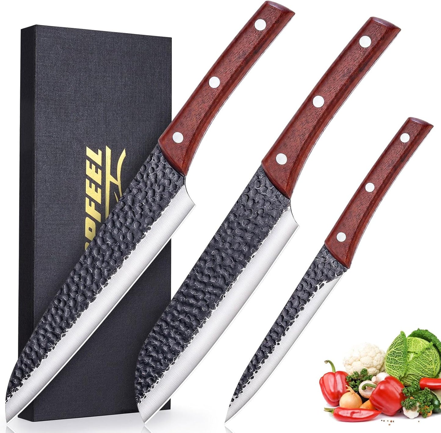 Topfeel 3PCS Kitchen Knife Set, Hand Forged High Carbon Stainless Steel Chef Knife Sets, Ultra Sharp Professional Japanese Knife Sets With Wood Ergonomic Handle & GIFT BOX