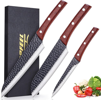 Topfeel 3PCS Kitchen Knife Set, Hand Forged High Carbon Stainless Steel Chef Knife Sets, Ultra Sharp Professional Japanese Knife Sets With Wood Ergonomic Handle & GIFT BOX