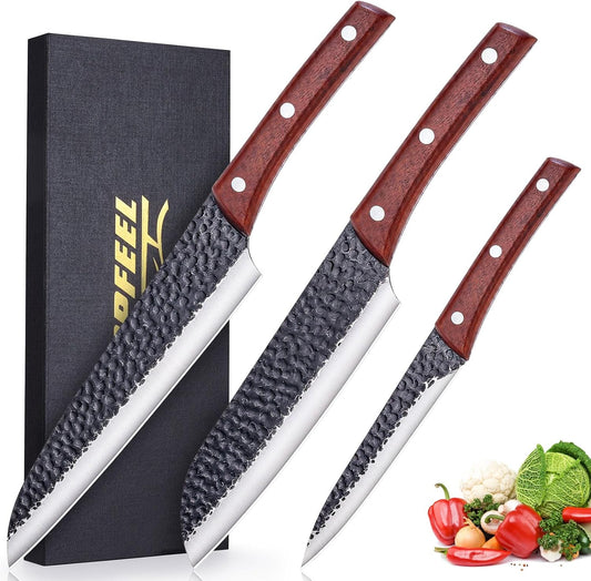 Topfeel 3PCS Kitchen Knife Set, Hand Forged High Carbon Stainless Steel Chef Knife Sets, Ultra Sharp Professional Japanese Knife Sets With Wood Ergonomic Handle & GIFT BOX
