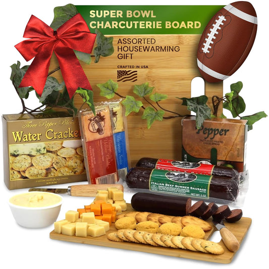 Gift Basket Village Charcuterie Board Gift Set – Bamboo Cutting Board, Three-Pepper Crackers, Italian Sausage, Wisconsin Cheese, Cheese Spread, and Knife – Wedding or Housewarming Gift