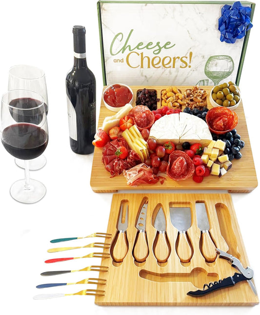 Charcuterie Board Set, Bamboo Cheese Board with Accessories, Cheese Platter with Bowls, Knives, Forks and Wine Opener.