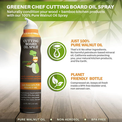 Greener Chef Non Toxic Cutting Board Oil - Innovative Spray for No Mess and Less Waste - Pure Italian Walnut Oil Conditioner for Wood Butcher Blocks, Bamboo Chopping Boards and Wooden Kitchen Utensils