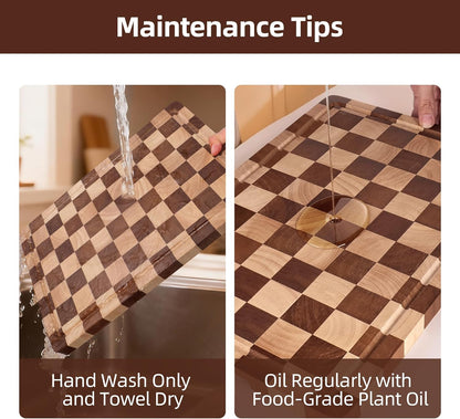 Checkered Cutting Board for Kitchen - Solid Wood End Grain Checkerboard Chopping Board with Handle & Juice Groove, Double Sided for Cooking, Serving and Decor, Rectangular 16" x 12" x 1"