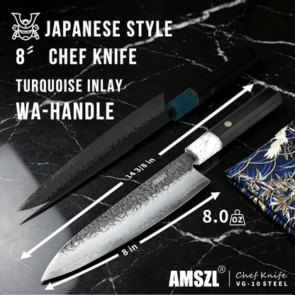 Japanese 8" Forged Chef Knife for Kitchen, Razor Sharp VG10 Steel Core with 5-Layer High Carbon Finish, Hammered Cracked Pattern, Ebony Handle with Turquoise (White)