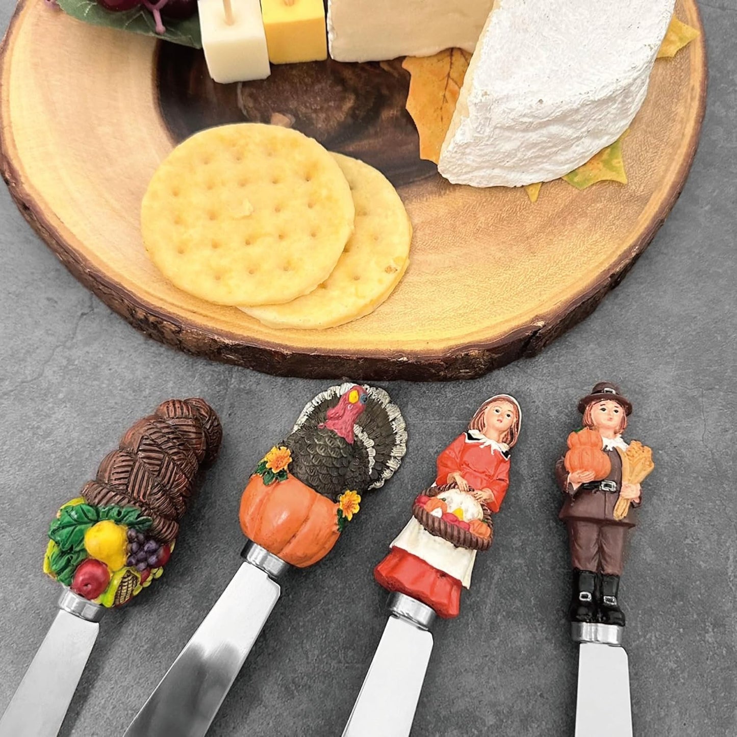 Supreme Housewares Harvest Cheese Spreaders, Hand-Painted Resin Handles with Stainless Steel Blades for Spreading Cream Cheese, Butter, and Jam, Assorted Thanksgiving Designs, Set of 4