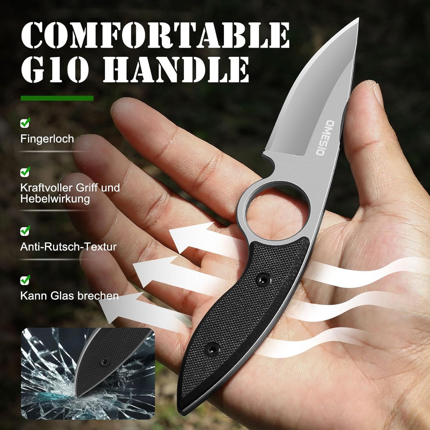 Omesio Small Fixed Blade Knife, Tactical Hunting Camping Knife with Kydex Sheath, Full Tang Stainless Steel Compact EDC Neck G10 Handle with Gift Box for Men (Black)