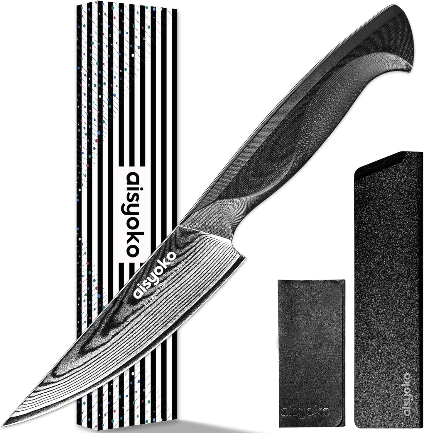 aisyoko 4.5 Inch Paring Knife, Damascus Steel Chef Knife with Ergonomic G10 Handle, VG10 High Carbon Steel, Professional Kitchen Knife for Fruit Vegetable Carving, Ultra Sharp Blades