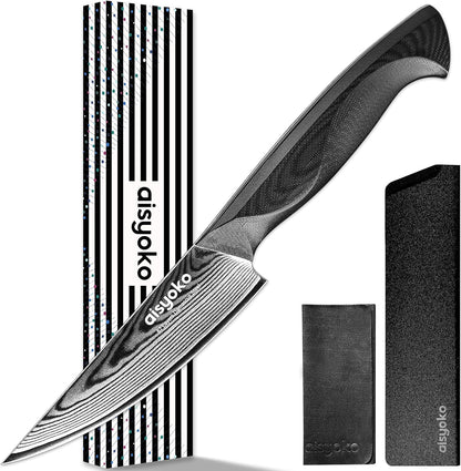 aisyoko 4.5 Inch Paring Knife, Damascus Steel Chef Knife with Ergonomic G10 Handle, VG10 High Carbon Steel, Professional Kitchen Knife for Fruit Vegetable Carving, Ultra Sharp Blades