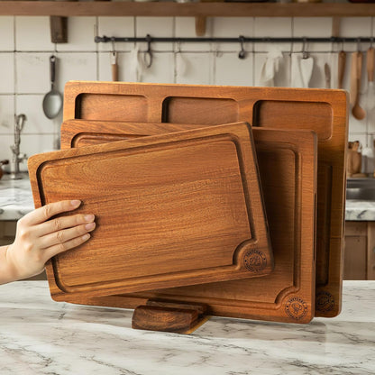 THETCHRY Acacia Wood Cutting Boards for Kitchen, Premium Wood Cutting Board Set with Holder, Chopping Board with Grooves and Built-in Handles, Wooden Charcuterie Board Trays for Meat, Fruit, Cheese