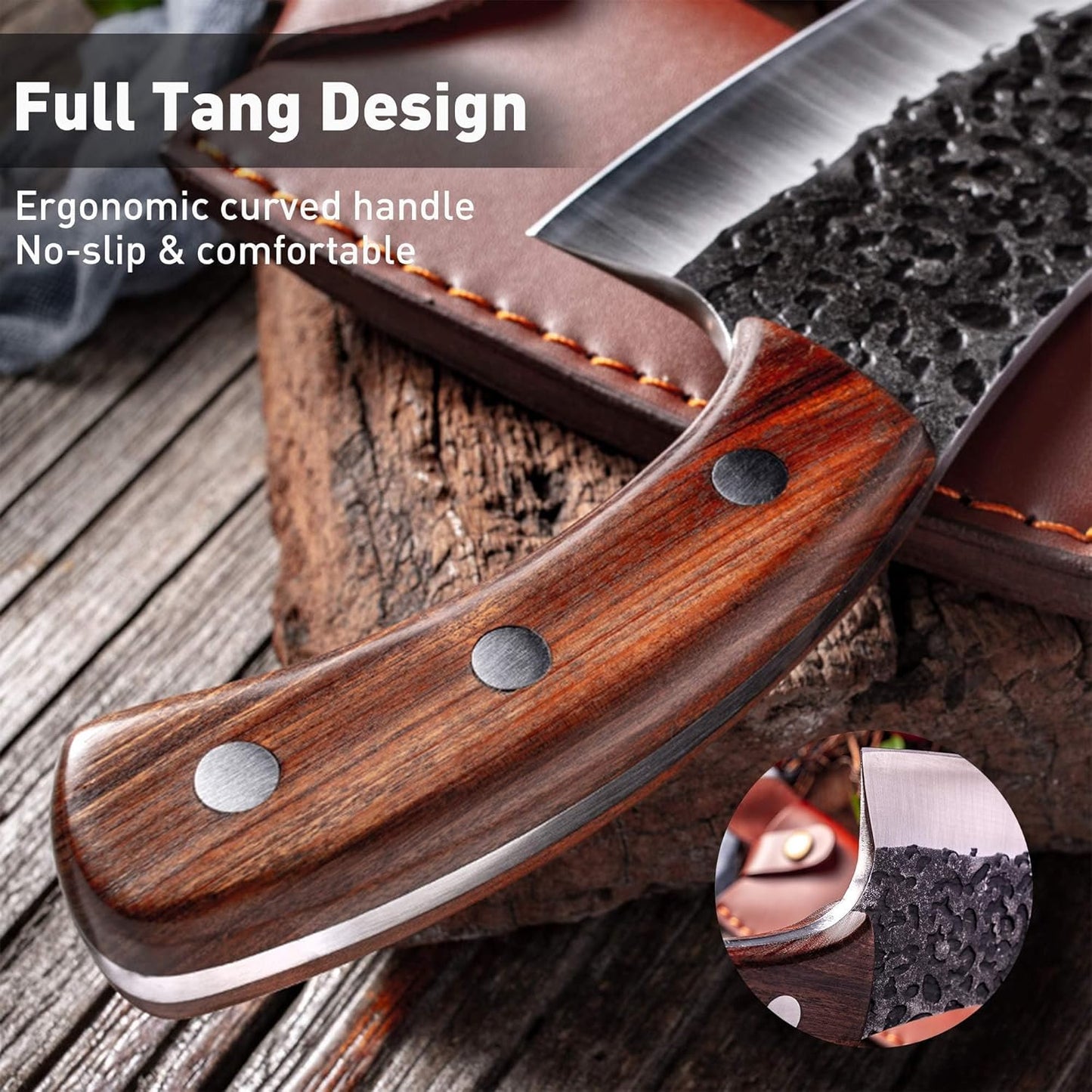 Freelander Butcher Knife Set 3 PCS, Japanese Chef Knife Set with Roll Bag, Full Tang Meat Cleaver for Kitchen & Camping & BBQ, Gift for Men