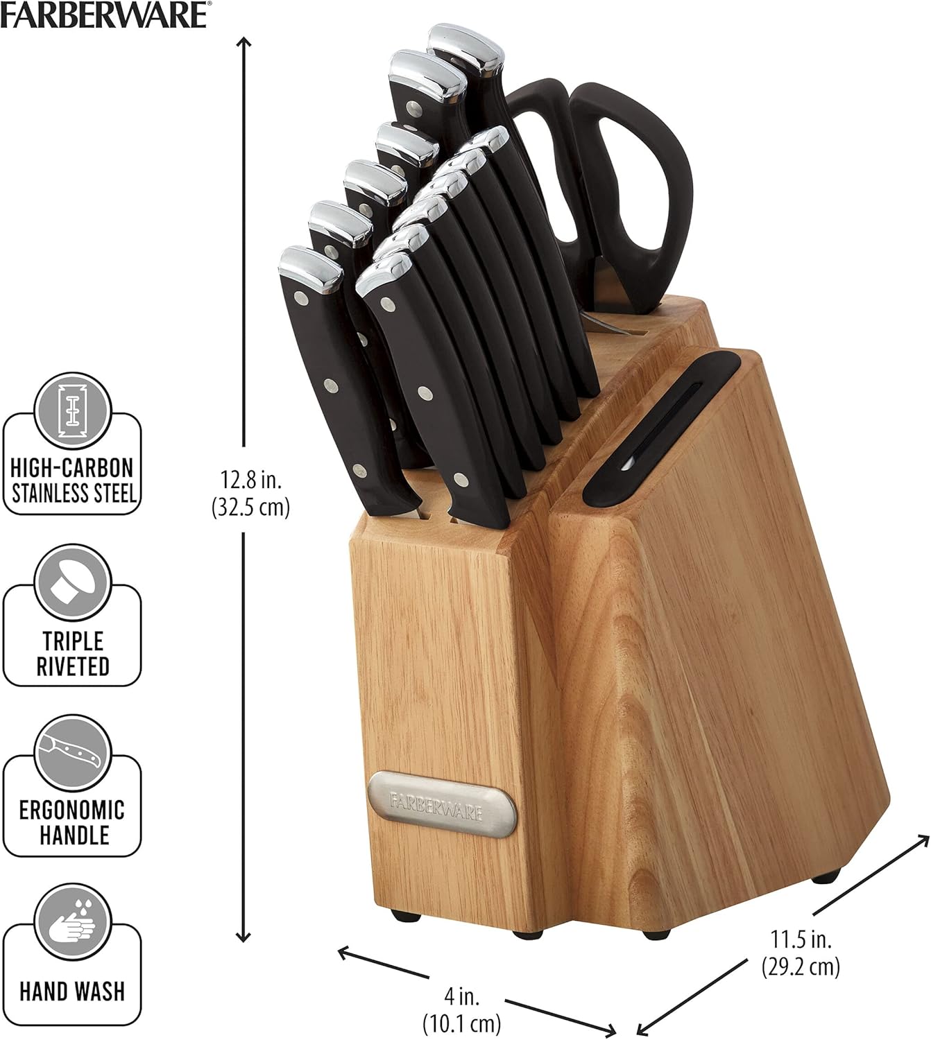 Farberware Edgekeeper Triple Riveted Slim Knife Block Set with Built in Sharpener, 14-Piece, Navy