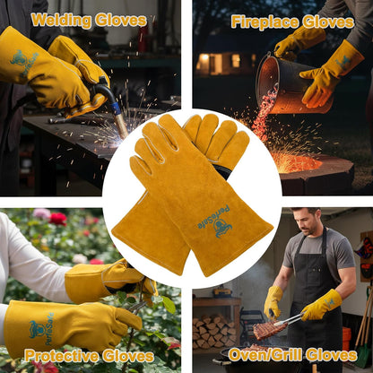 Welding Gloves 14 Inches, Heat Resistant 932℉ Leather Welding Gloves for MIG, TIG, Stick, Long Sleeve Grill Gloves for Welding, Fireplace, BBQ, Oven, Furnace, Wood Stove, Animal Handling