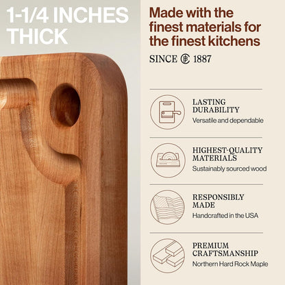 John Boos Prestige Series Rectangular Wooden Maple Cutting Board 18”x12” – 1.25” Thick, 8-lb Reversible Butcher Block with Juice Groove, Edge-Grain & Finger Grip Hole – Made in the USA