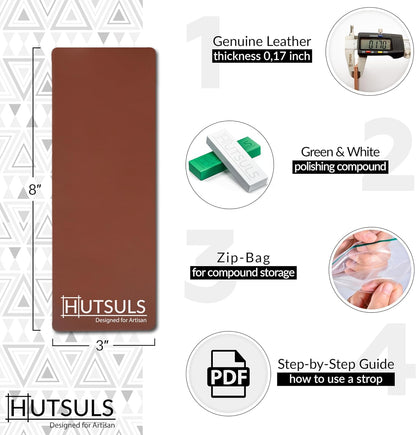Hutsuls Knife Stropping Leather for Sharpening - Get Razor-Sharp Edges with Leather Strop for Knife Sharpening Easy to Use Leather Sharpening Strop with Green & White Strop Compound Step-by-Step Guide