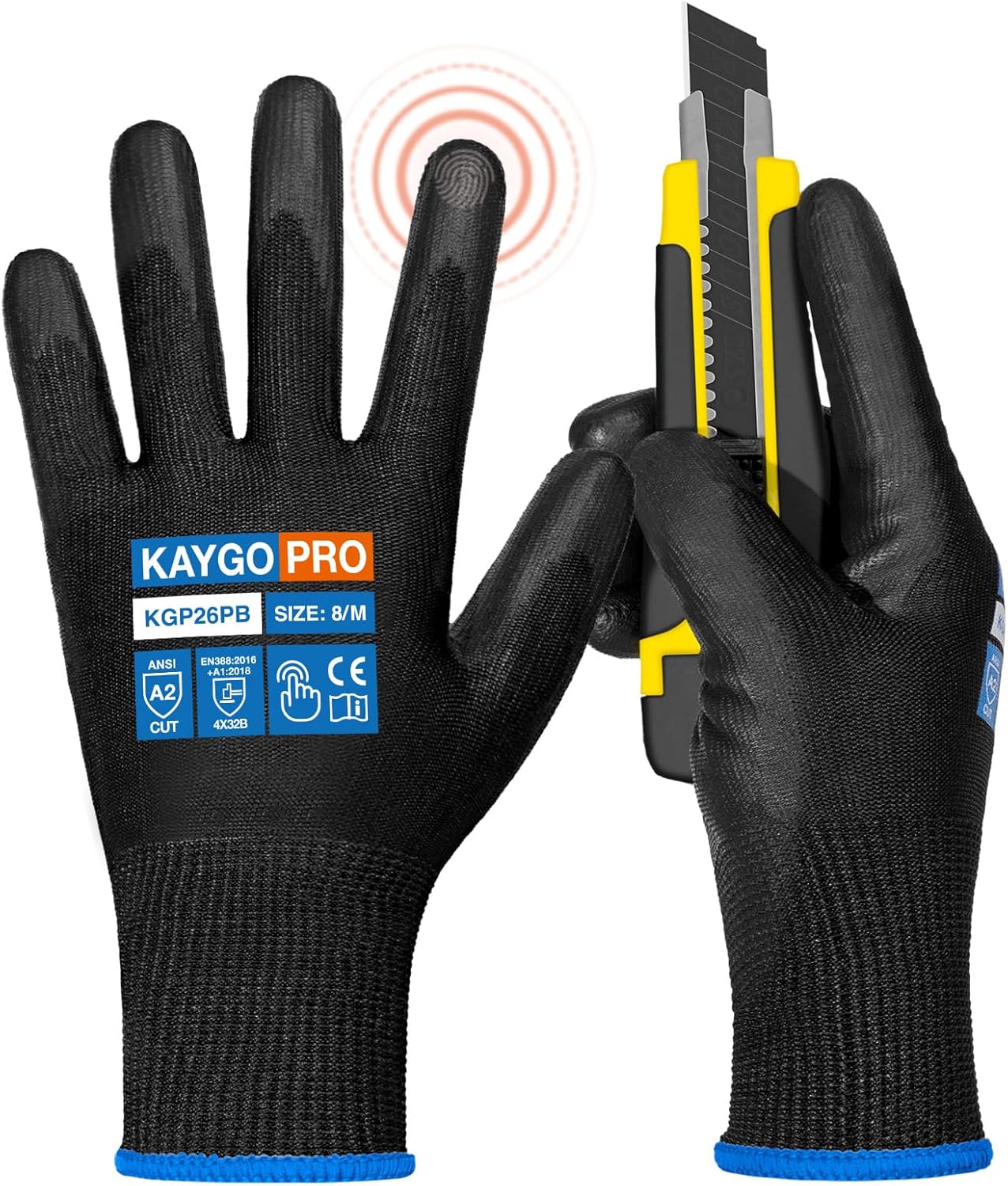 KAYGO Work Gloves for Men and Women,12 Pairs Seamless Knit PU Coated Safety Gloves, with Smooth Grip on Palm and Fingers, Ideal for Light Warehouse, Manufacturing, Gardening, KG11P (M, Black)