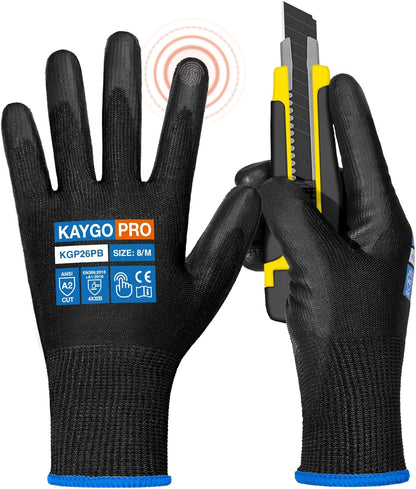 KAYGO Work Gloves for Men and Women,12 Pairs Seamless Knit PU Coated Safety Gloves, with Smooth Grip on Palm and Fingers, Ideal for Light Warehouse, Manufacturing, Gardening, KG11P (M, Black)