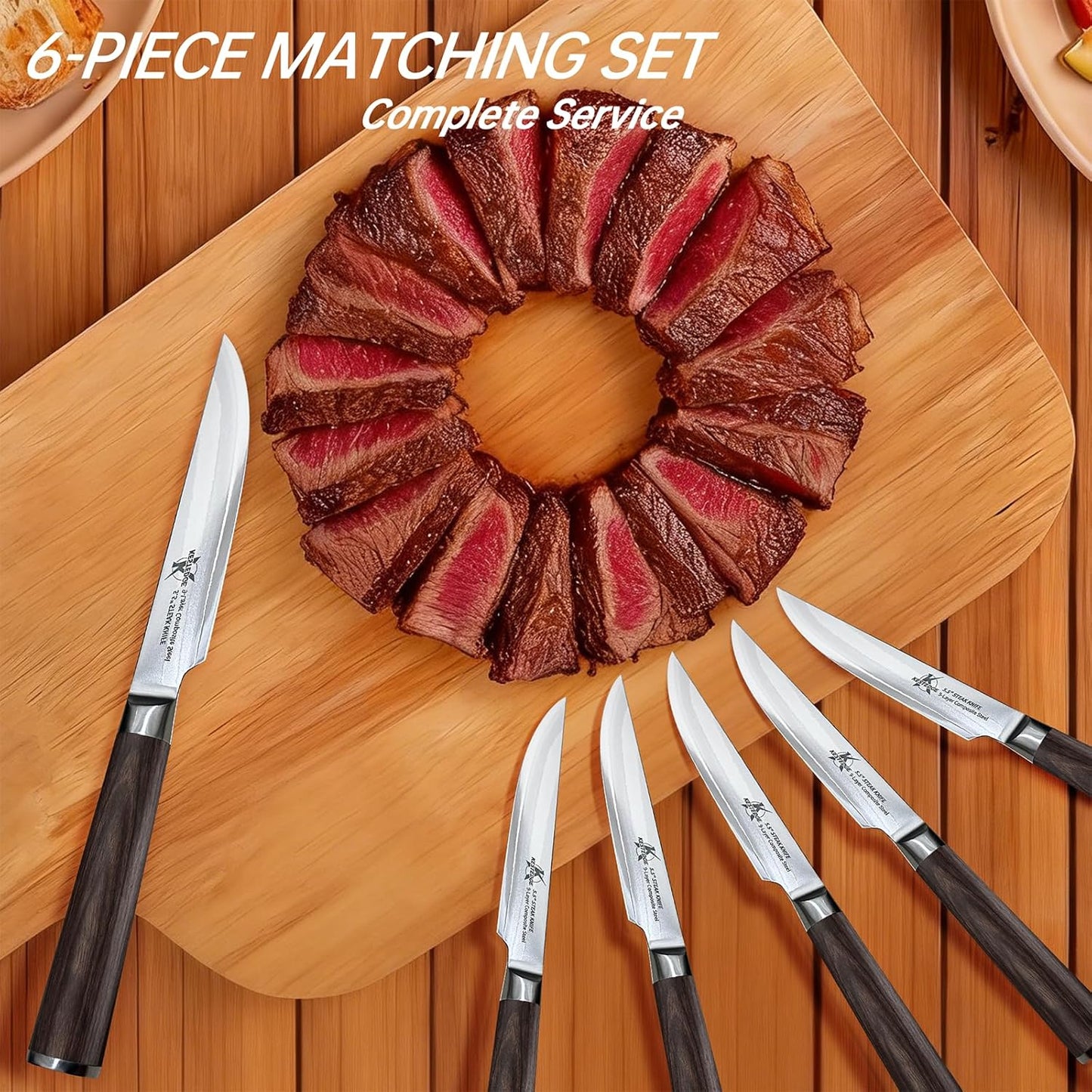 6-Piece Non Serrated Steak Knives Set, 67-Layer Damascus Steel 9Cr18MoV, Straight Edge Full Tang Wood Handle, Rust Proof Steak Knife Set of 6 with Luxury Gift Box for Wedding Anniversary