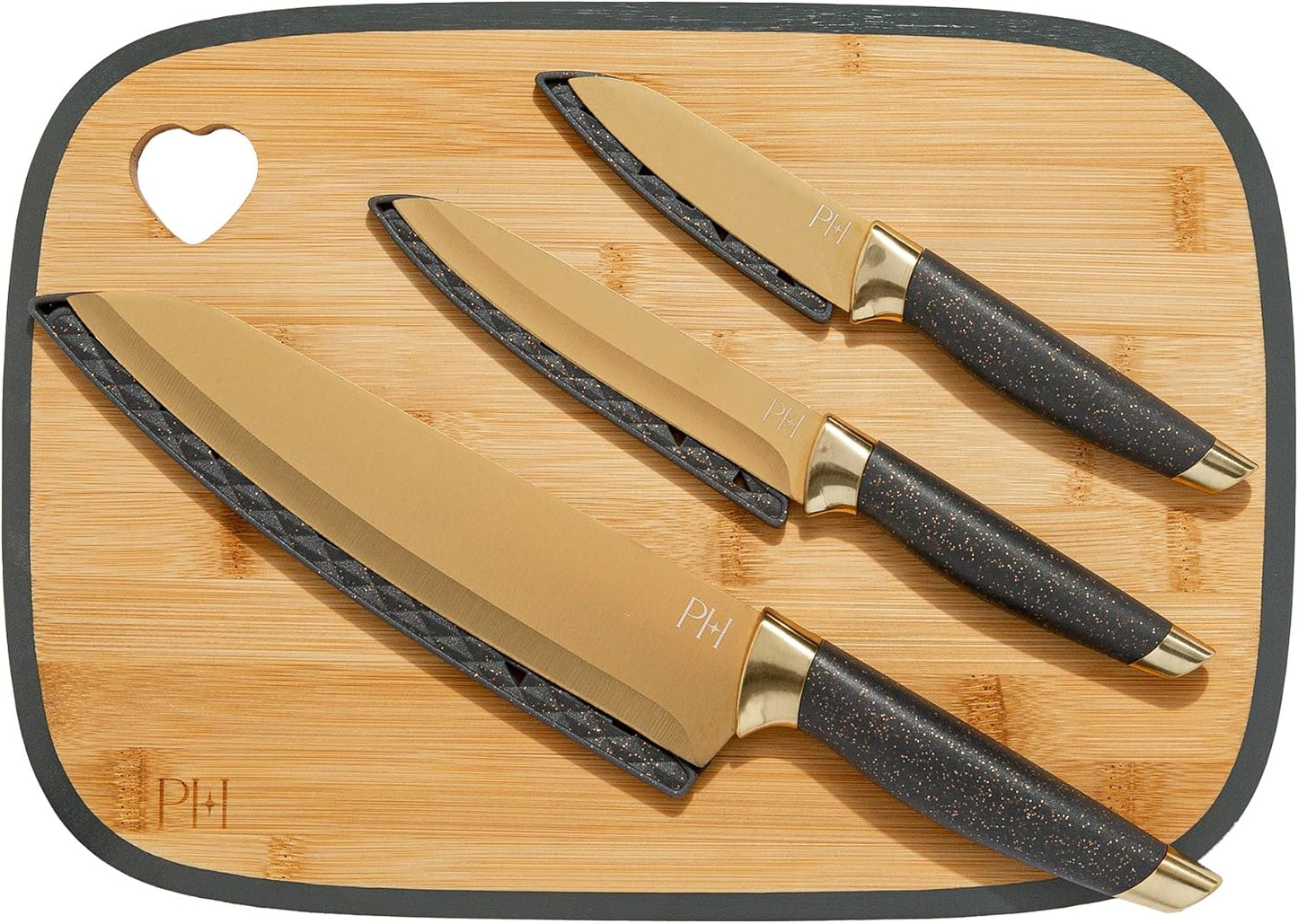 Paris Hilton Bamboo Cutting Board for Kitchen, Reversible Cutting Board and Cutlery Set with High Carbon Stainless Steel Knives and Blade Guards, Comfortable Handle Grips, 7-Piece Set, Gold and Pink