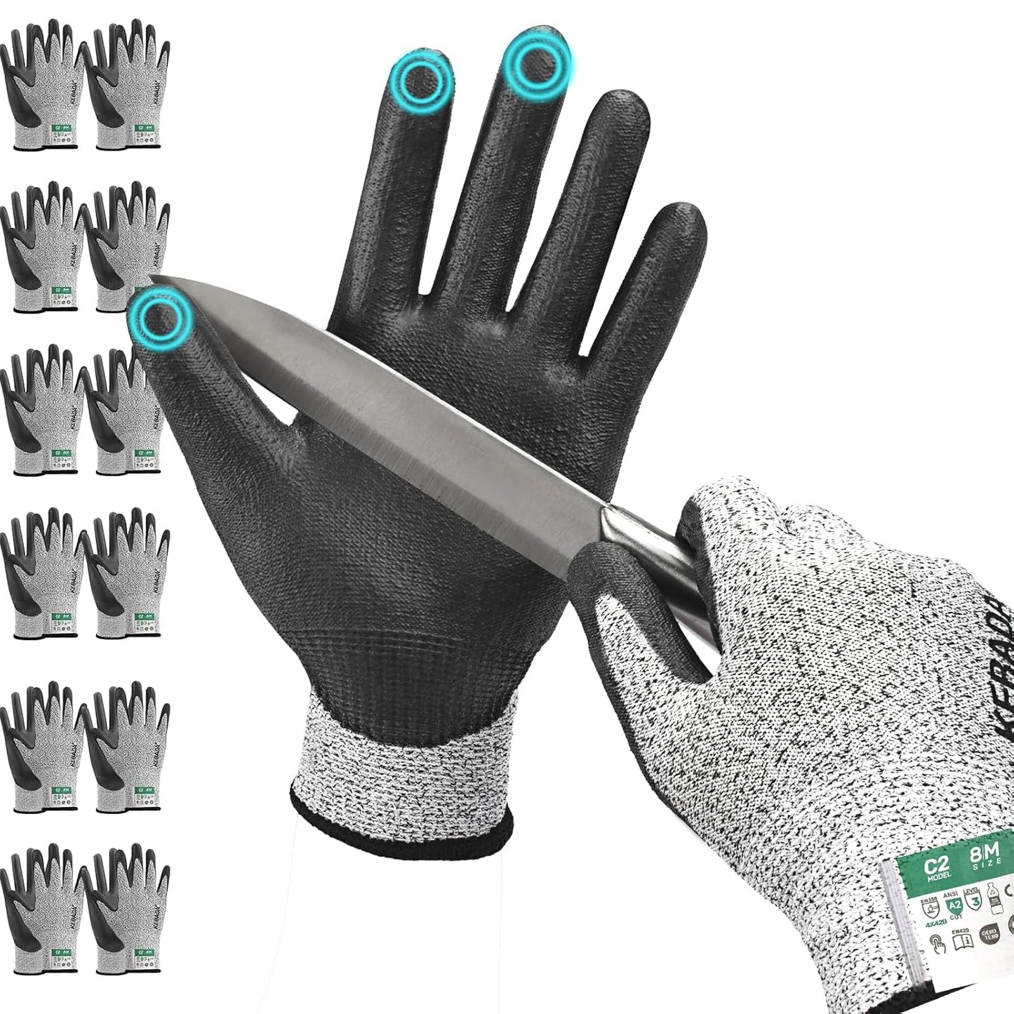 Kebada Cut Resistant Gloves, ANSI A2 Cutting Glove, PU Coated, Touchscreen, Multi-Purpose Model C2, 3 Pairs, Large