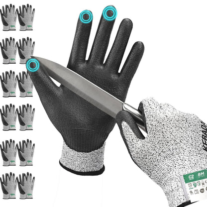 Kebada Cut Resistant Gloves, ANSI A2 Cutting Glove, PU Coated, Touchscreen, Multi-Purpose Model C2, 3 Pairs, Large