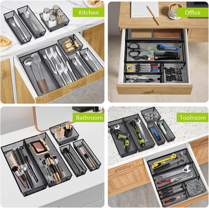 Neudeco Silverware Organizer,Mesh Drawer Organizer for Kitchen，Metal Utensil Organizer for Flatware, Knives, Spoons,Cosmetic (Silver 9 * 3 * 2 inch Pack6)