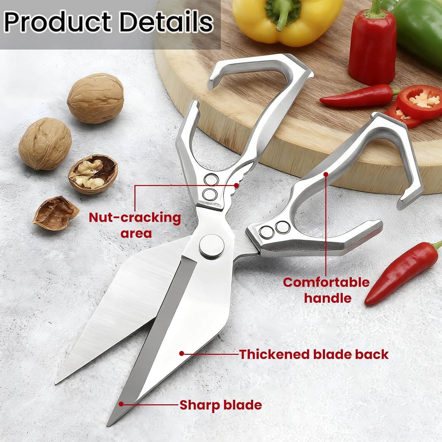 Multifunctional Heavy-Duty Kitchen Shears, Stainless Steel Kitchen Scissors for Food, Poultry Shears for Handling Meat and Vegetables (Silver)