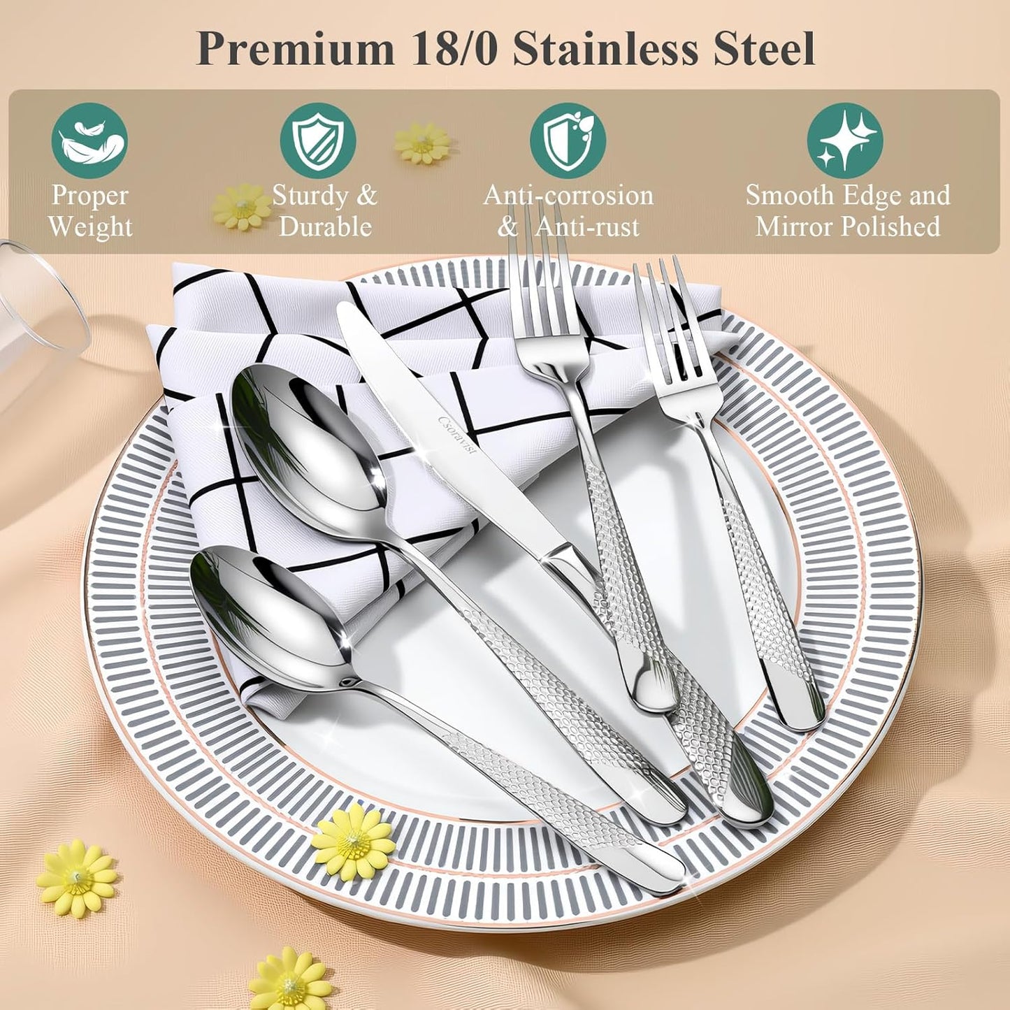49-Piece Silverware Set with Bamboo Organizer for 8, Heavy-Duty Flatware Set with Steak Knives, Rust-Proof & Mirror Polished, Dishwasher Safe,Modern Hammered(organizer only for packaging)