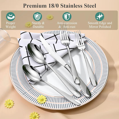 49-Piece Silverware Set with Bamboo Organizer for 8, Heavy-Duty Flatware Set with Steak Knives, Rust-Proof & Mirror Polished, Dishwasher Safe,Modern Hammered(organizer only for packaging)