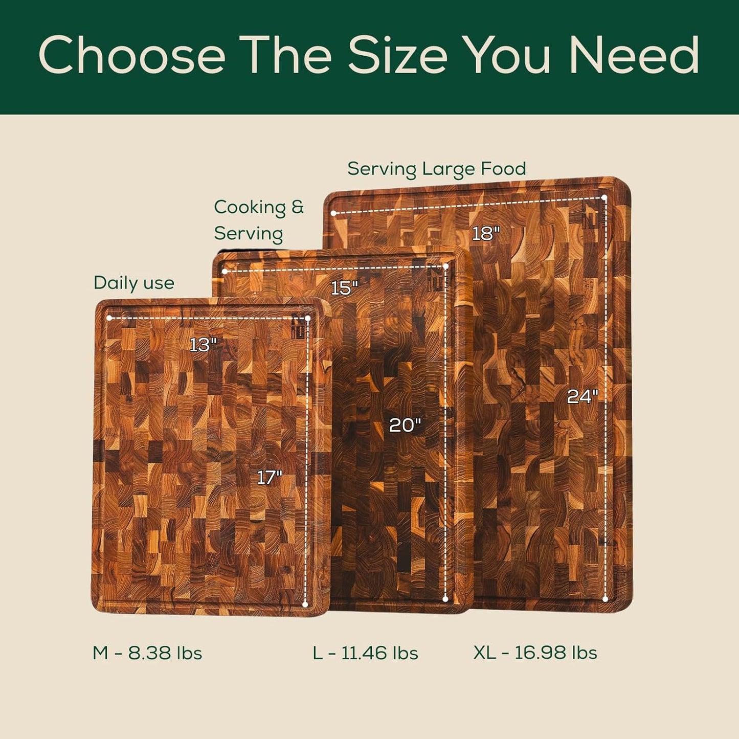 Combo 2 Extra Teak Wood Cutting Board, End Grain & Edge Grain with Juice Groove and Handles, Knife Friendly, Reversible, Suitable for Chopping Meat, Vegetables, Aesthetics for The Kitchen