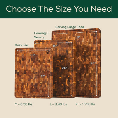 Combo 2 Extra Teak Wood Cutting Board, End Grain & Edge Grain with Juice Groove and Handles, Knife Friendly, Reversible, Suitable for Chopping Meat, Vegetables, Aesthetics for The Kitchen
