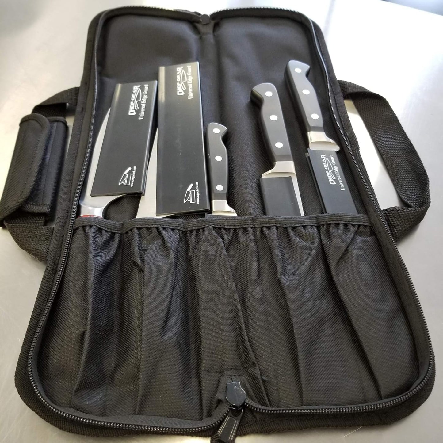 Ergo Chef 5 Pocket Knife Roll Bag Bi-Fold (Black) w/ 5pc. (Black) Knife Edge Guards, Great for the Busy Chef