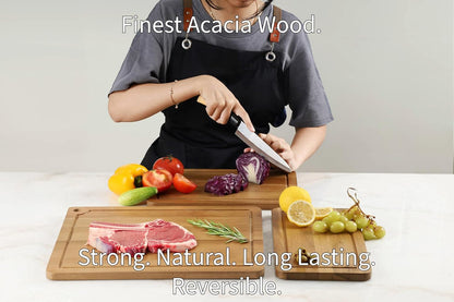 Sango Acacia Cutting Board Set with Juice Grooves and Partitions for Serving, 3-Piece- Wood Chopping Boards, Stackable & Reversible for Kitchen, Non-Toxic, Perfect as Butcher Block Countertop, Atelier