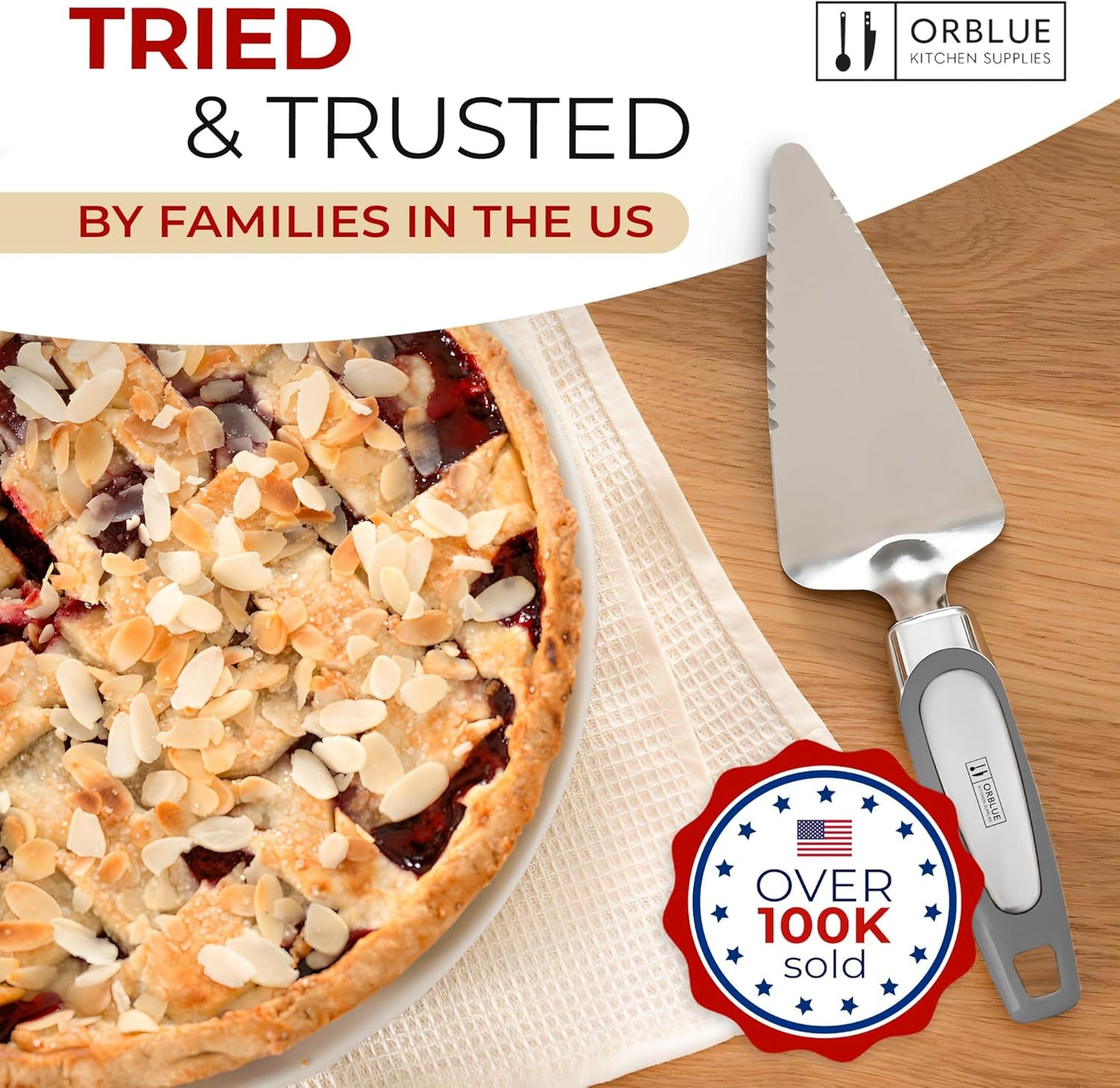 Orblue Pie Server, Essential Kitchen Tool, Serrated on Both Sides, Great for Right or Left Handed Chef, Stainless Steel Flatware , Cake Cutter,White