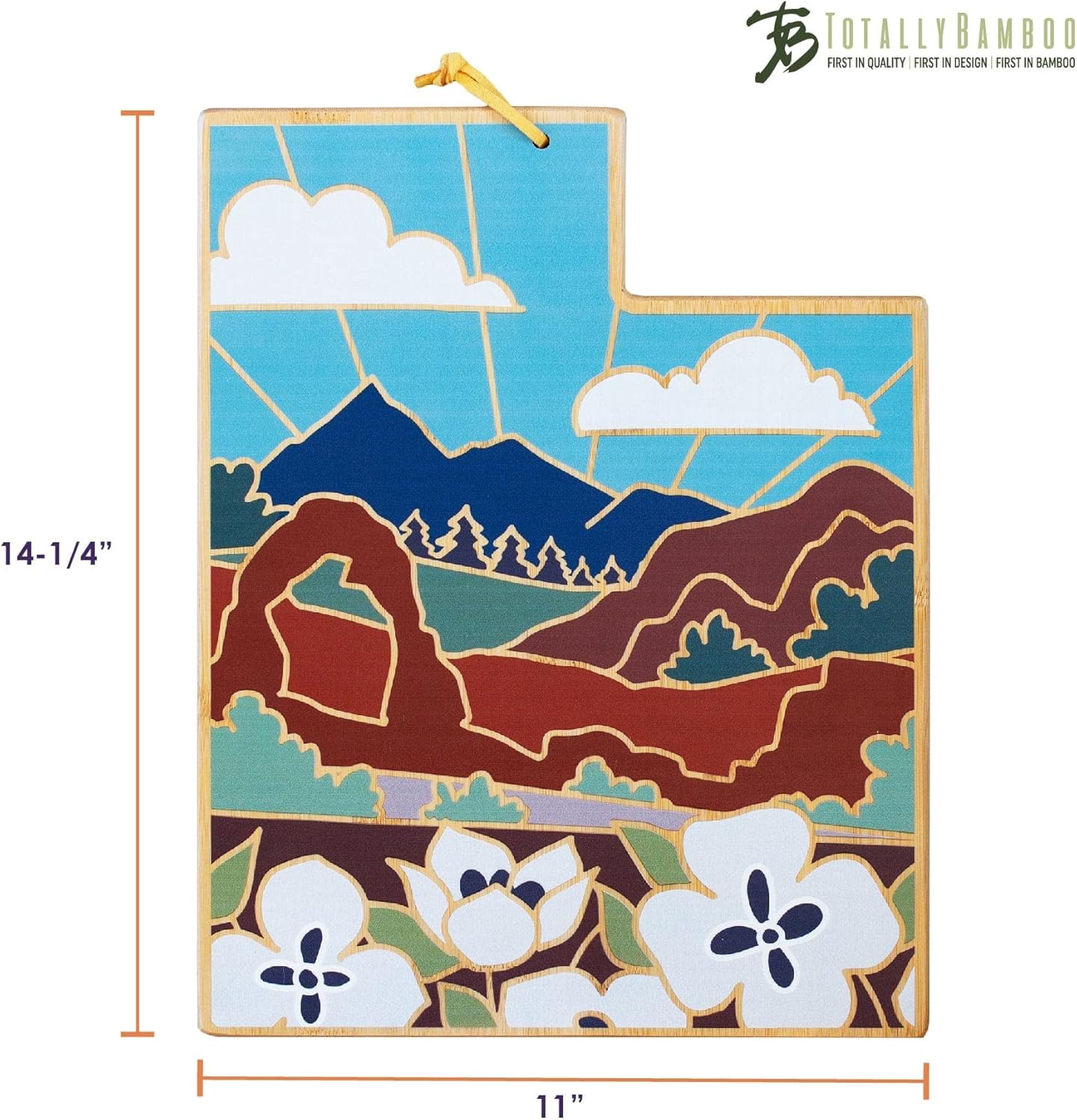 Totally Bamboo North Carolina State Shaped Cutting Board and Charcuterie Serving Platter with Artwork by Summer Stokes, Includes Hang Tie for Wall Display 18" x 8" x 5/8" - Colors A