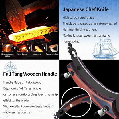 XYJ Authentic Since 1986,Knife Block Set,Kitchen Knife Set with Magnetic Knife Block,Cutting Board,Sharpening Stick,Meat Cleaver Slicing Knives,High Carbon Steel Blades,Full Tang,Wood Handle