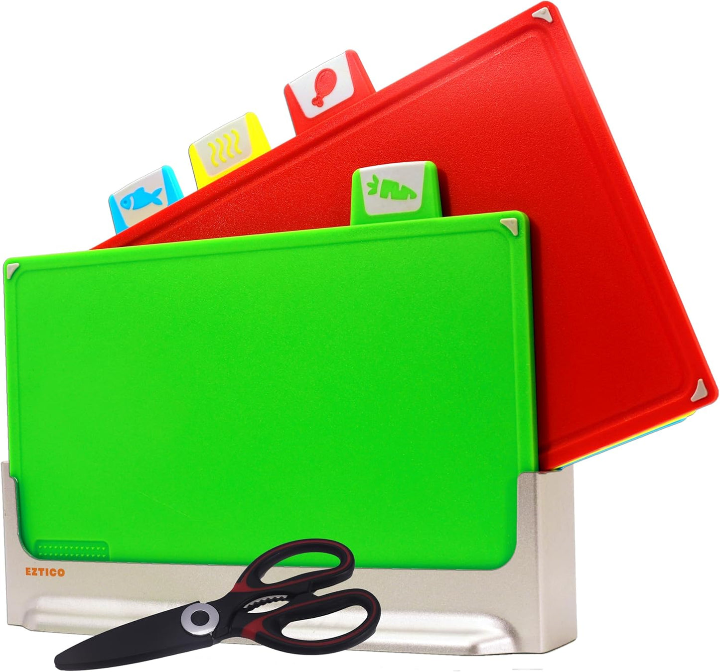 4-Piece Non-Toxic Cutting Board Set with Premium Scissors – BPA-Free Plastic and Rubber Chopping Boards for Kitchen Essentials with Organizer, Dishwasher Safe Accessories Holder.