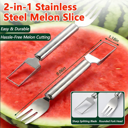 Watermelon Cutter, 2-in-1 Stainless Steel Fruit Cutter, Dual Head Watermelon Fork Slicer Tool, Summer Fruit Cutting Kitchen Gadget for Home (2PCS)