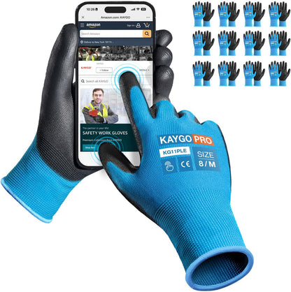 KAYGO Work Gloves for Men and Women,12 Pairs Seamless Knit PU Coated Safety Gloves, with Smooth Grip on Palm and Fingers, Ideal for Light Warehouse, Manufacturing, Gardening, KG11P (M, Black)
