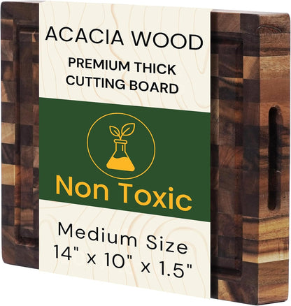 End Grain Acacia Wood Cutting Board 14" x 10" x 1.5", Thick Butcher Block with Deep Juice Groove & Handles. Knife Friendly Solid Hardwood Board for Meat, Chopping, Carving & BBQ by New M Way