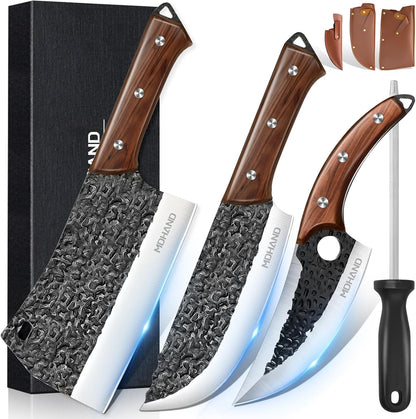 MDHAND Butcher Knife Set, 12PCS Hand Forged Serbian Chef Knife Set with Bag, High Carbon Steel Full Tang Kitchen Knives Set, Meat Cleaver & Boning Knife for Brisket Trimming BBQ Camping, Gift for Men